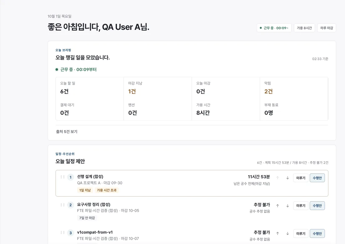 합성 데이터가 표시된 나눔워크 비서 브리핑과 일정 제안 화면